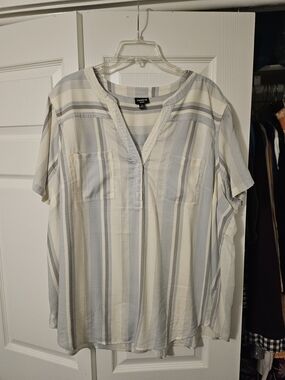 TORRID Light Blue and Cream Striped Henley Blouse
